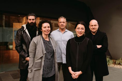 The 2018 Eat Drink Design Awards jury (left to right): George Livissianis, Dani Valent, Simon Kardachi, Cassie Hansen and Fabio Ongarato. Photography: Jessica Prince.