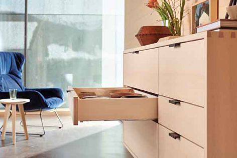 Designers can capitalize on both deep and shallow drawers for storage with the MOVENTO concealed runner systems.
