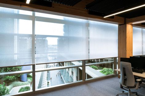 International House Sydney at Barangaroo features automated roller blinds in Sea-Tex roller shade fabric. Architect: Tzannes. Photography: Richard Glover.