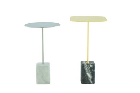 Ligne Roset’s occasional table is available in two variations, one featuring matt chrome steel and Carrara marble, the other made from brass-plated steel and Marquina marble.