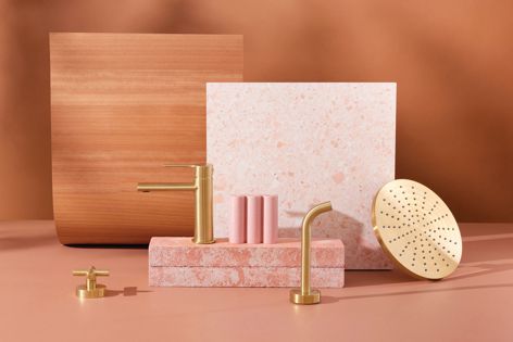 Brushed Gold pairs well with rich, warm earth tones – including this upbeat, quartz-like pink