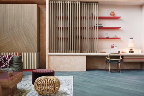The Fantales Living Area by YSG and Laminex is animated by an eclectic palette of woodgrain textures and bold colour.
