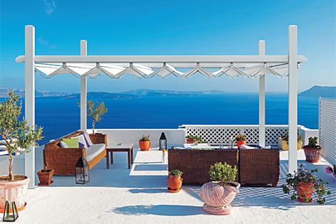 This adjustable fabric roof system helps transform outdoor spaces into indoor spaces.