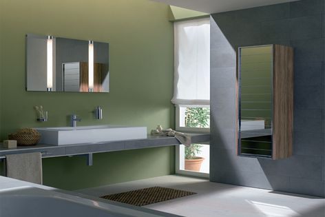 Keuco LX bathroom cabinets use a vertically opening retractable shutter in coloured or mirrored glass.