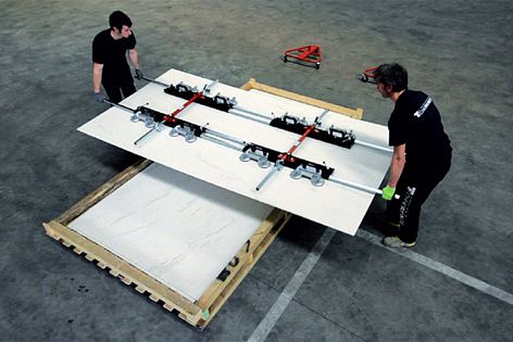 Very-large-format slabs are easy to handle using the MaxCase installation system.